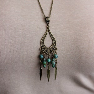 30's Brass Pendant Necklace with Blue and Green Accents
