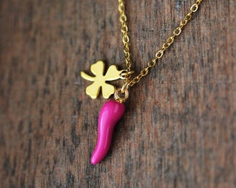 Good Luck Charms Necklace Chili Pepper Pendant Clover Leaf Pendant Boho Pink Gold Necklace Italian Horn Necklace Trendy Birthday Woman Gift