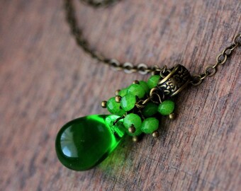 Green Drop Pendant Green Beaded Teardrop Necklace Unique Green Bunch Pendant Antique Brass Boho Necklace Green Trendy Brass Long Necklace