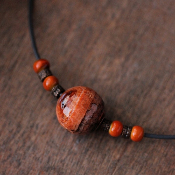 Genuine Fire Agate Stone Bead Necklace with Orange Ceramic Copper Beads Leather Cord Necklace Unique Boho Necklace Fire Agate Stone Jewelry