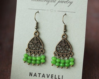 Brass Boho Chandelier Earrings with Bright Green Glass Beads Antique Brass Charms Earrings Unique Green Brass Earring Bronze Tone Dangles