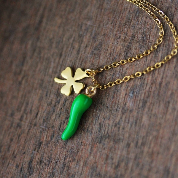 Good Luck Charms Necklace Green Chili Pepper Pendant Gold Clover Leaf Pendant Woman Boho Gold Necklace Italian Horn Necklace Trendy Birthday