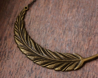 Antique Brass Feather Necklace Brass Bar Necklace Big Feather Pendant Trendy Boho Necklace Feather Jewelry Hippie Layering Necklace Necklace