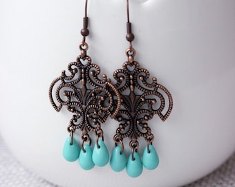 Long Copper Chandelier Earrings Blue Drop Earrings Boho Dangle Blue Copper Earrings Uniuqe Bohemian Earrings Copper Jewelry One a Kind Gift