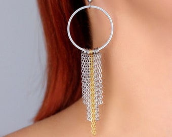 Long Cascade Chain Earrings Geometric Dangle Earrings Delicate Steel Earrings Elegant Minimalist Modern Earrings Unique Silver Gold Earrings