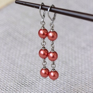 Long Triple Red Pearl Earrings Steel Pearl Dangle Bright Drop Earrings Elegant Red Silver Earrings Red Pearl Jewelry Three Beads Earrings image 2