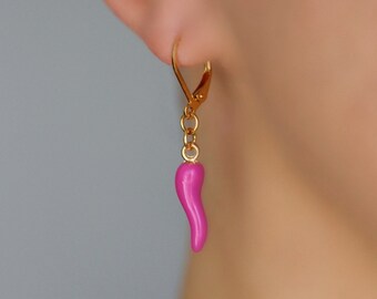 Hot Pink Chilli Pepper Earrings Italian Horn Earrings Good Luck Amulet Earrings Pink Cornetto Earrings  Evil Eye Lucky Charm Earrings Gift