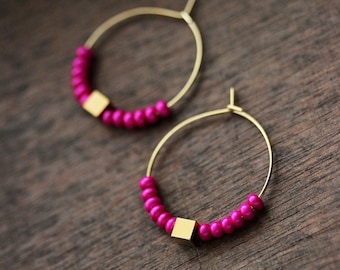 Bright Pink Beaded Earrings Seed Beads Hoop Earrings Cube Charm Earrings Unique Geometric Earring Gold Pink Hoops Trendy Minimalist Earrings