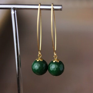 Deep Green Emerald Root Stone Earrings Long Dangle Earrings Green Sphere Ball Earrings Elegant Gold Green Earrings Unique Gemstone Earrings