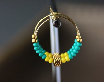 Turquoise Green Yellow Hoop Earrings Bright Summer Earrings Unique Beaded Hoop Earrings Gold Tone Hoops with Beads Trendy Minimalist Earring