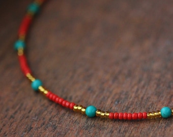 Multicolor Necklace Red Gold Seed Beads Choker with Turquoise Stone Dainty Boho Choker Unique Handmade Summer Choker Everyday Thin Necklace