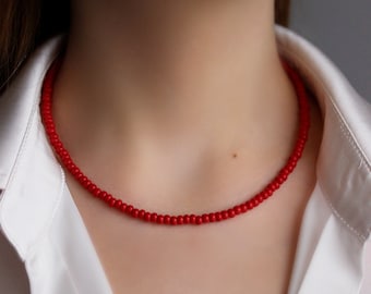Red Beaded Choker Necklace Short Red Necklace Red Glass Beads Necklace Bright Summer Beach Necklace Simple Minimalist Everyday Necklace Gift