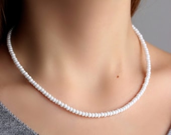 White Large Seed Beads Choker Necklace Short White Necklace Simple Everyday Necklace Minimalist Glass Beads Choker All Occasion Necklace