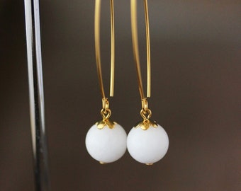 White Jade Stone Earrings White Stone Beads Unique Simple White Gold Earrings Elegant Minimalist Dangle Earrings Trendy White Jade Earrings