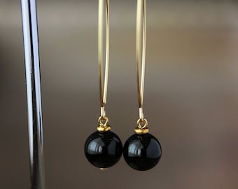 Long Black Onyx Stone Earrings Black Stone Sphere Earrings Dangle Gold Earrings Elegant Simple Earring Trendy Unique Gold Steel Hook Earring