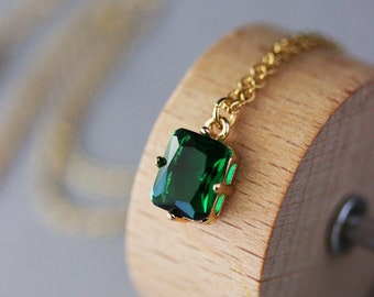 Dainty Green Crystal Necklace Minimalist Small Rectangular Green Glass Pendant Short Green Gold Necklace Emerald Glass Pendant Necklace