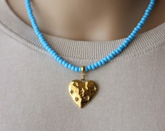 Gold Heart Pendant Blue Large Glass Seed Beads Necklace Summer Short Necklace Trendy Choker Gold  Love Pendant Necklace Heart Jewelry Gift