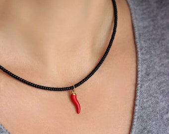 Black Seed Beads Choker with Red Italian Horn Pendant Red Chili Pepper Pendant Black Thin Choker Good Luck Necklace Unique Girlfriend Gift