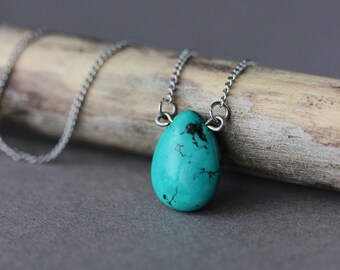 Turquoise Gemstone Drop Necklace Stainless Steel Chain Necklace Single Turquoise Bead Necklace Turquoise Silver Necklace Trendy Necklace