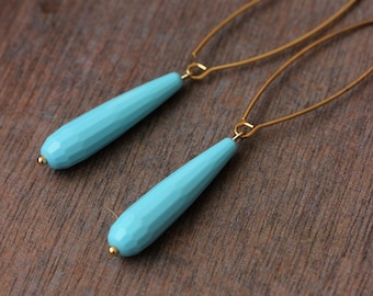 Blue Turquoise Paste Stone Earrings Long Turquoise Beads Earrings Blue Gold Dangle Earring Blue Drop Earrings Elegant Long Hooks Earrings