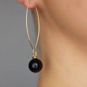 Long Black Onyx Stone Earrings Black Stone Sphere Earrings Dangle Gold Earrings Elegant Simple Earring Trendy Unique Gold Steel Hook Earring image 3
