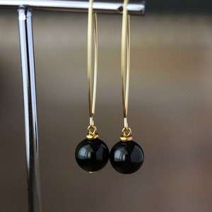 Long Black Onyx Stone Earrings Black Stone Sphere Earrings Dangle Gold Earrings Elegant Simple Earring Trendy Unique Gold Steel Hook Earring image 1