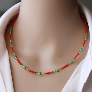 Multicolor Necklace Red Gold Seed Beads Choker with Turquoise Stone Dainty Boho Choker Unique Handmade Summer Choker Everyday Thin Necklace image 2