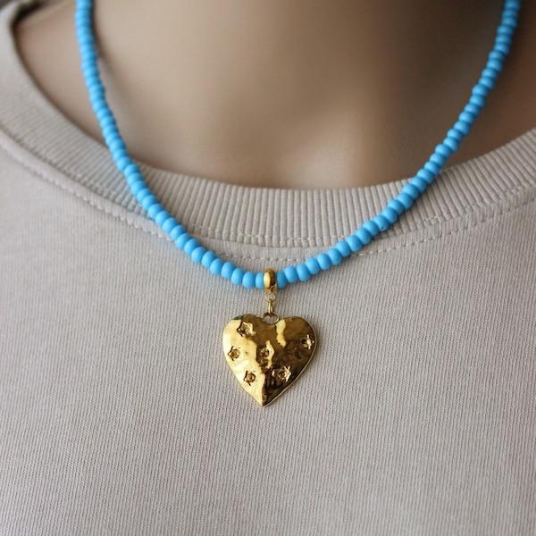 Gold Heart Pendant Blue Large Glass Seed Beads Necklace Summer Short Necklace Trendy Choker Gold  Love Pendant Necklace Heart Jewelry Gift