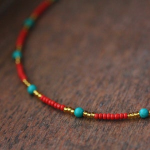 Multicolor Necklace Red Gold Seed Beads Choker with Turquoise Stone Dainty Boho Choker Unique Handmade Summer Choker Everyday Thin Necklace image 1