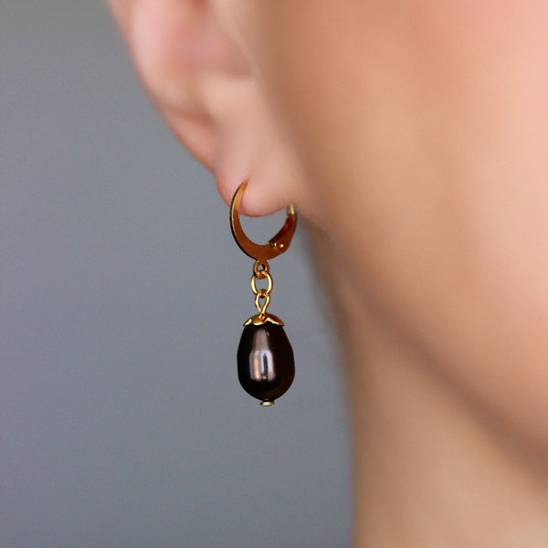 Dark Brown Pearl Drop Earrings Short Everyday Dangle Earrings Gold Сhocolate Brown Earrings Simple Pearl Earrings Trendy Elegant Earrings