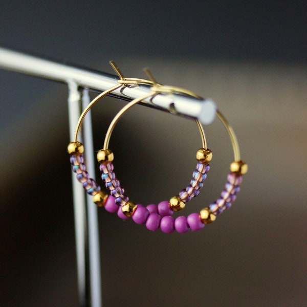 Purple Seed Beads Hoop Earrings Purple Gold Women Earrings Unique Hoops with Purple Beads Trendy Circle Earrings Circle Summer Earrings