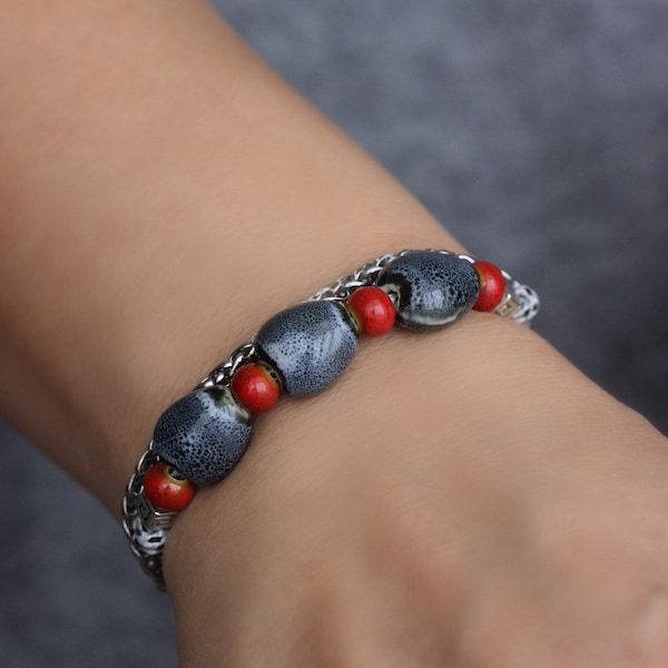 Gray Red Ceramic Beads Bracelet Rope Bracelet with Ceramic Beads Adjustable Cord Bracelet Pottery Beads Bracelet Unique Gray Boho Bracelet