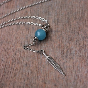 Angelite Stone Bead Necklace Feather Charm Necklace Boho - Etsy