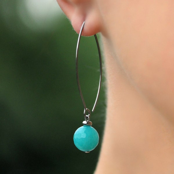 Turquoise Blue Agate Stone Earrings Long Steel Earrings Blue Gemstone Earrings Silver Earrings Minimalist Modern Earrings Birthstone Earring