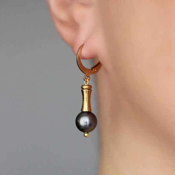 Dark Gray Pearl Earrings Simple Gold Pearl Dangle Earrings Gold Tone Pearl Earrings Modern Gray Pearl Jewerly Trendy Short Everyday Earrings