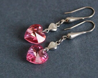 Mother's Day Gift Pink Heart Earrings Crystal Earrings Dangle Heart Earrings Tiny Heart Earrings Heart Jewelry Love Earrings Crystal Heart