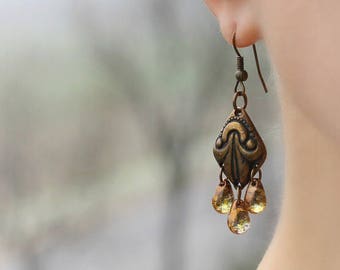 Brass Boho Earrings Chandelier Earrings Bronze Tone Earrings Hippie Earrings Chandelier Brown Drop Earrings Boho Earrings Unique Earrings