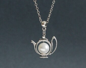 Teapot Necklace White Pearl Teapot Necklace Teapot Pendant Teapot Jewelry Teapot Jewelry Tea Lovers Gift Tea Party Charm Pearl Necklace