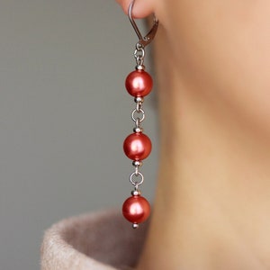 Long Triple Red Pearl Earrings Steel Pearl Dangle Bright Drop Earrings Elegant Red Silver Earrings Red Pearl Jewelry Three Beads Earrings image 1