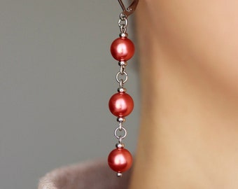 Long Triple Red Pearl Earrings Steel Pearl Dangle Bright  Drop Earrings Elegant Red Silver Earrings Red Pearl Jewelry Three Beads Earrings