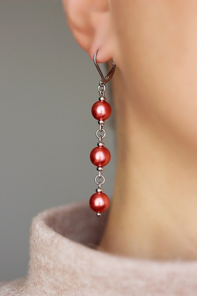 Long Triple Red Pearl Earrings Steel Pearl Dangle Bright Drop Earrings Elegant Red Silver Earrings Red Pearl Jewelry Three Beads Earrings image 1