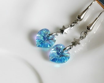 Blue Crystal Heart Earrings Dangle Heart Earrings Delicate Earrings Small Heart Earrings Silver Heart Earrings Love Earrings Gift for Mom