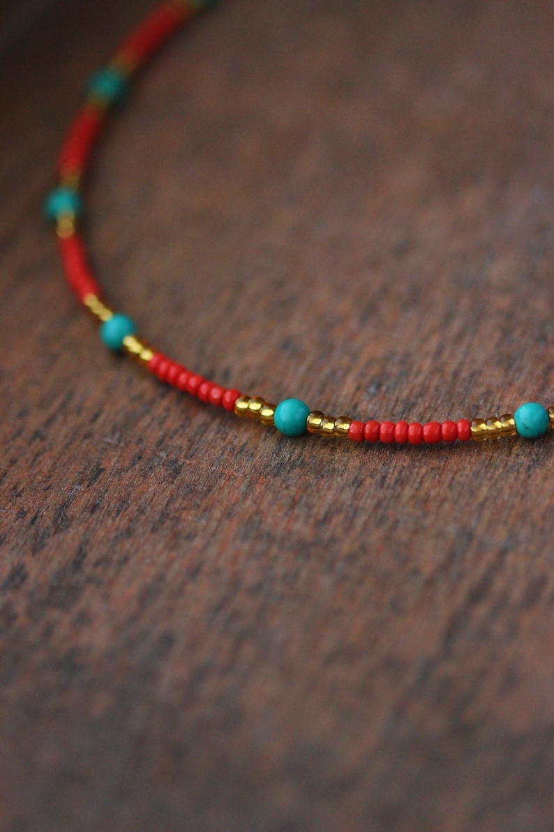 Multicolor Necklace Red Gold Seed Beads Choker with Turquoise Stone Dainty Boho Choker Unique Handmade Summer Choker Everyday Thin Necklace image 1