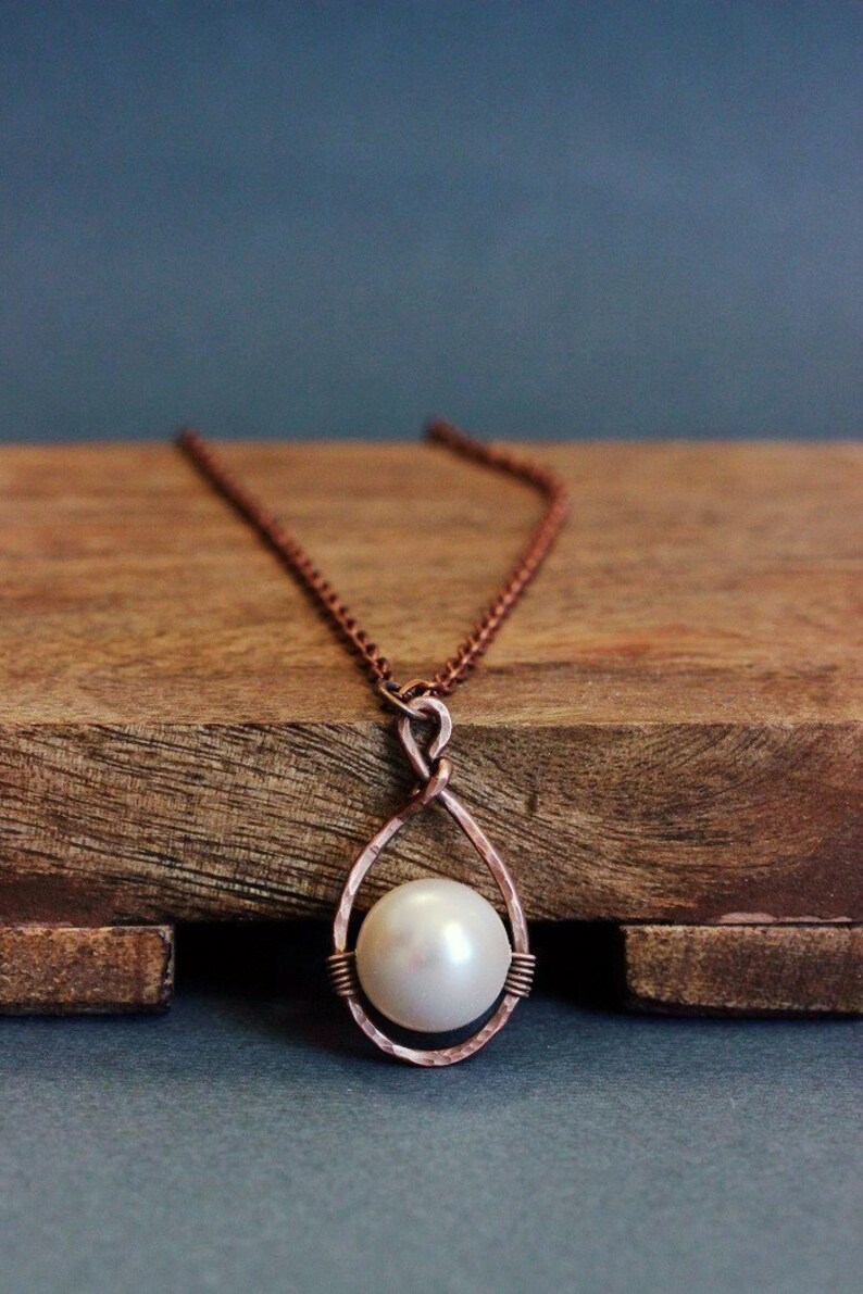 Copper Pearl Necklace Copper Hoop Pendant Copper Pearl Pendant Etsy
