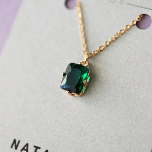 Dainty Green Crystal Necklace Minimalist Small Rectangular Green Glass Pendant Short Green Gold Necklace Emerald Glass Pendant Necklace image 3