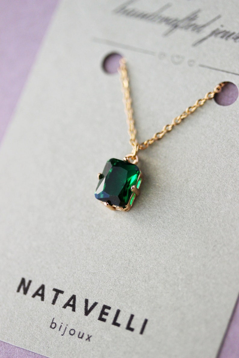 Dainty Green Crystal Necklace Minimalist Small Rectangular Green Glass Pendant Short Green Gold Necklace Emerald Glass Pendant Necklace image 3