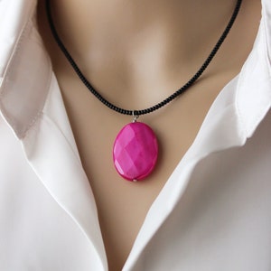 Hot Pink Dyed Agate Stone Pendant Bright Pink Stone Pendant Unique black Pink Necklace Short Seed Beads Necklace Big Pink Oval Stone Pendant image 9