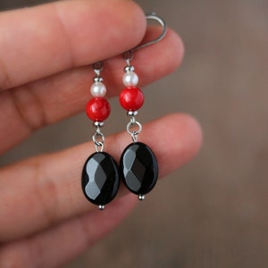 Long Natural Stone Beaded Earrings Black Onyx Red Coral Beads Earrings Unique Boho Earrings Stone Dangle Earring Oval Beads Earring For her image 4