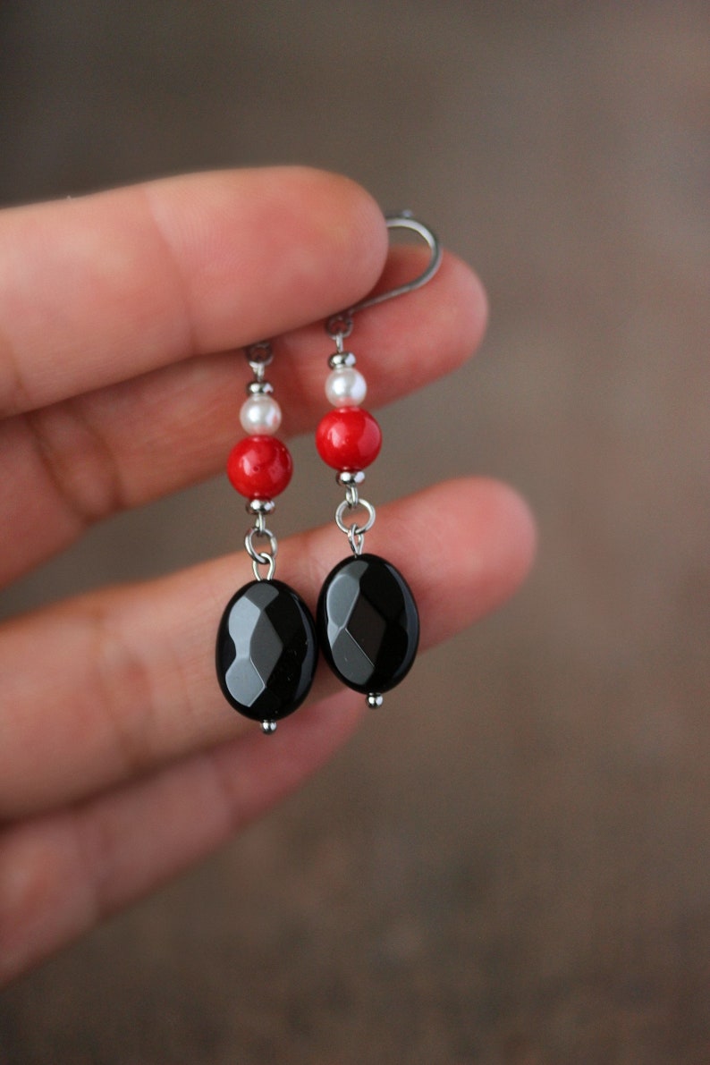 Long Natural Stone Beaded Earrings Black Onyx Red Coral Beads Earrings Unique Boho Earrings Stone Dangle Earring Oval Beads Earring For her image 4