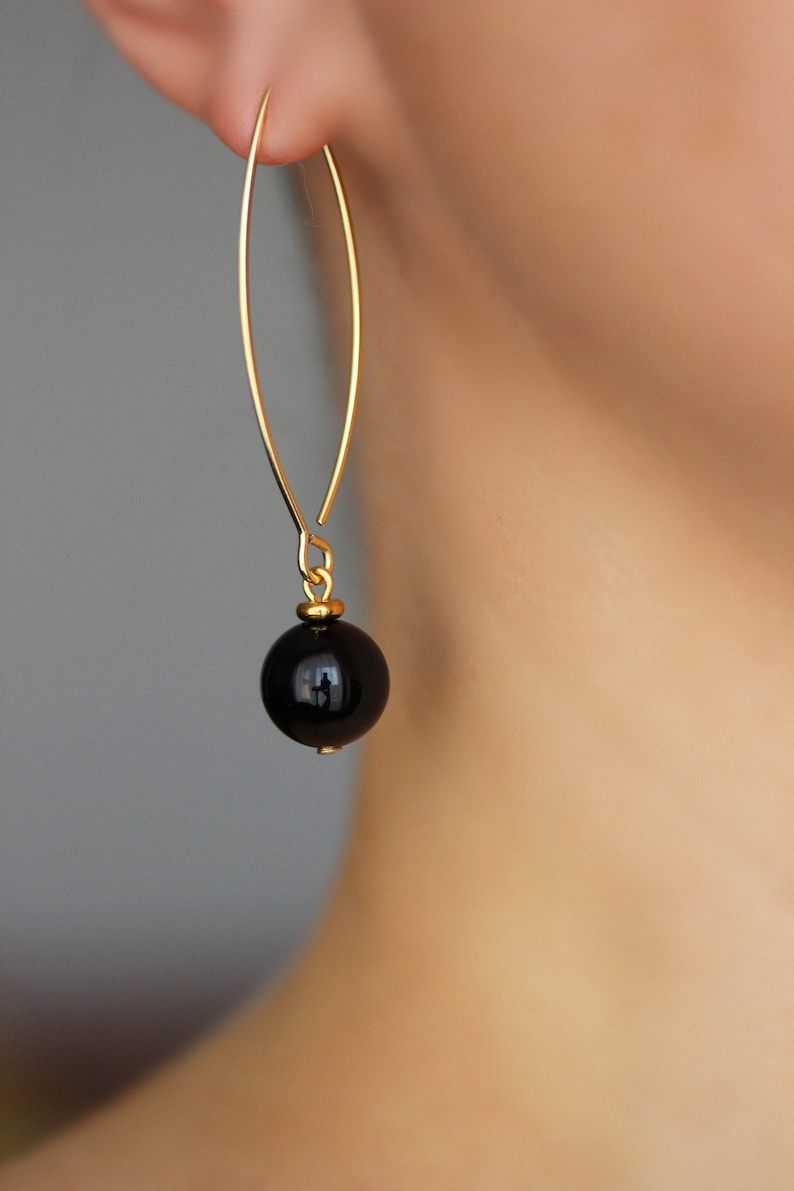 Long Black Onyx Stone Earrings Black Stone Sphere Earrings Dangle Gold Earrings Elegant Simple Earring Trendy Unique Gold Steel Hook Earring image 3